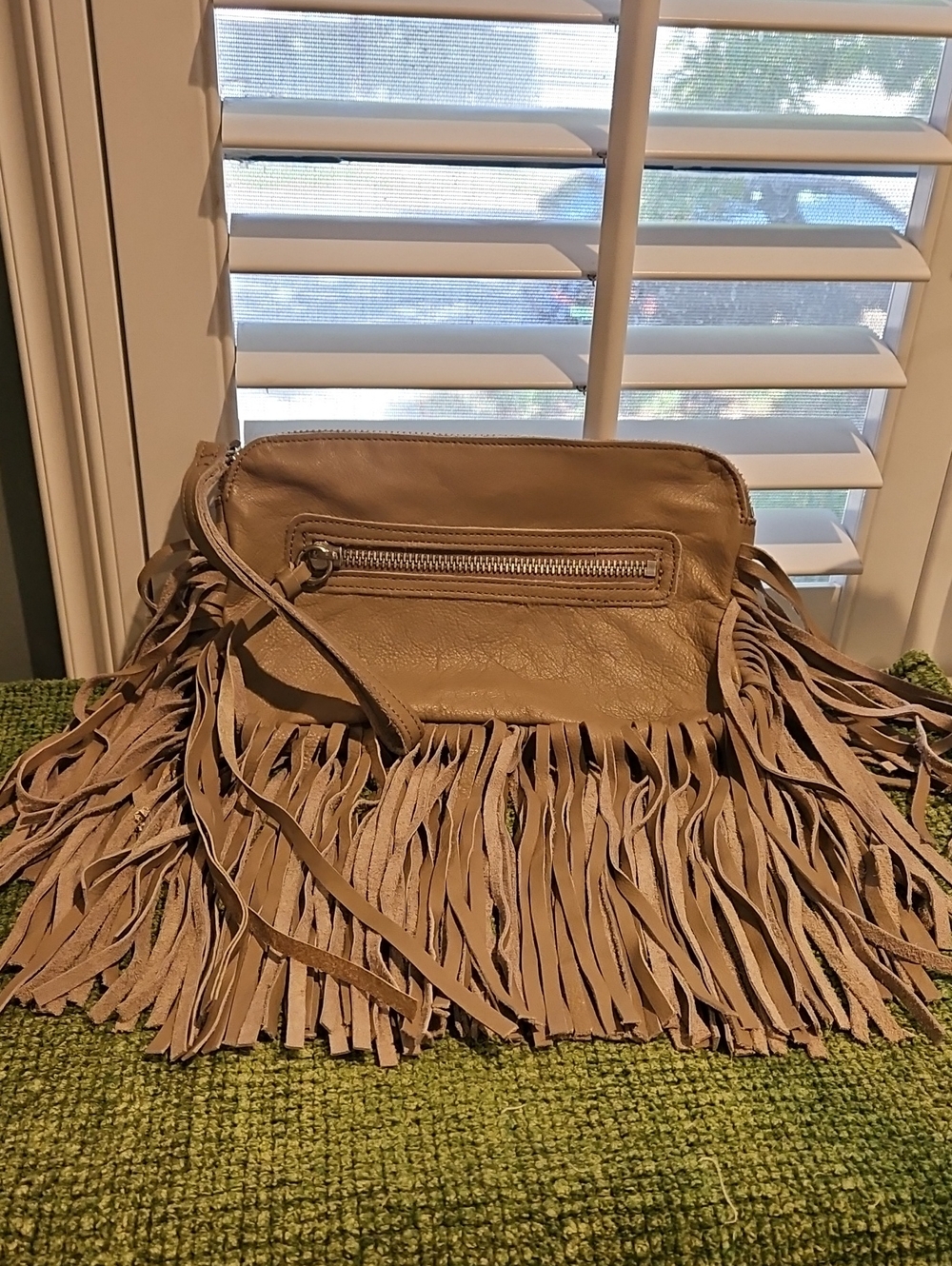 Leather Fringe Grey Leather Wrist Bag 0085